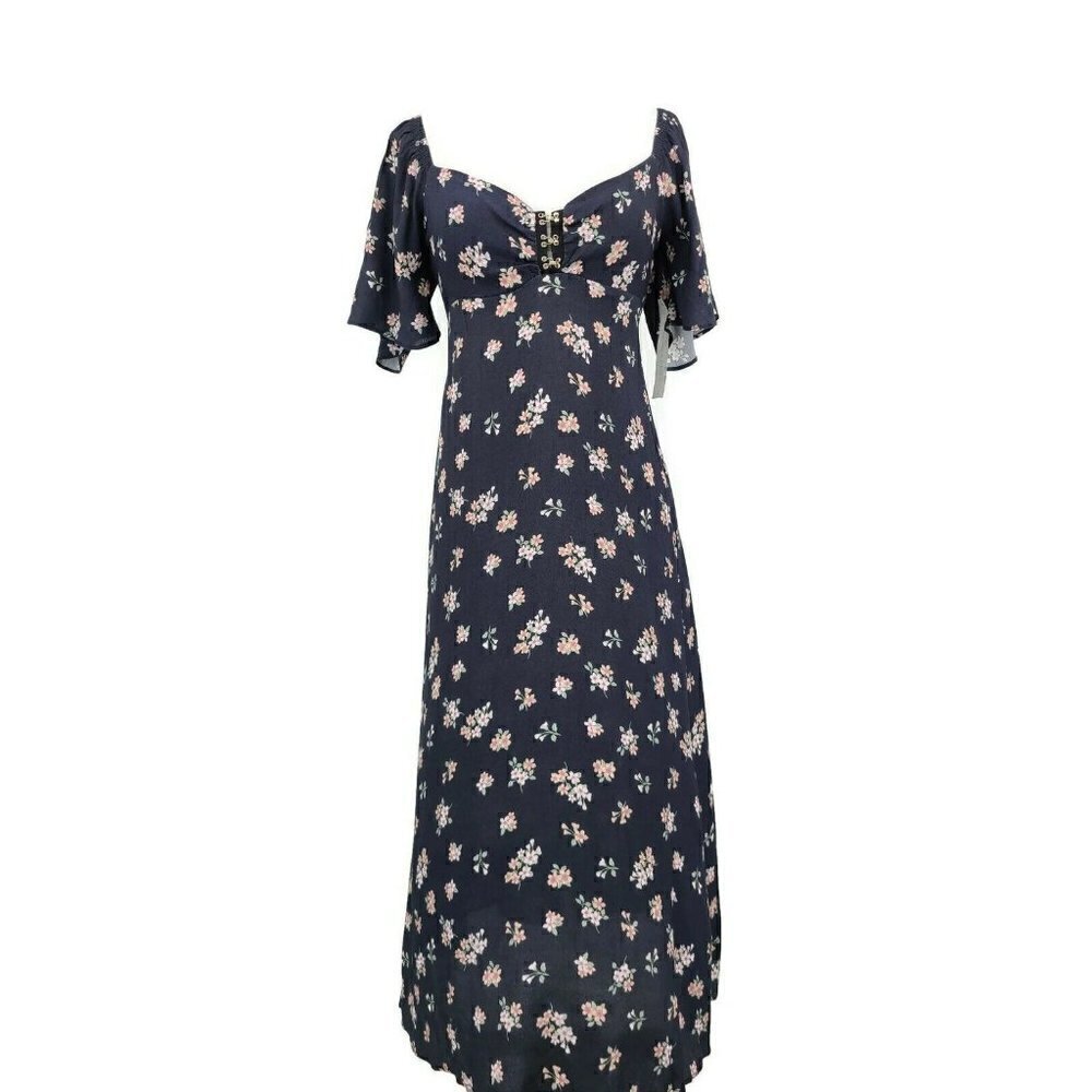 New Flynn Skye Tasha Dress Womens XS Black Pink Floral Midi Flutter Sleeve